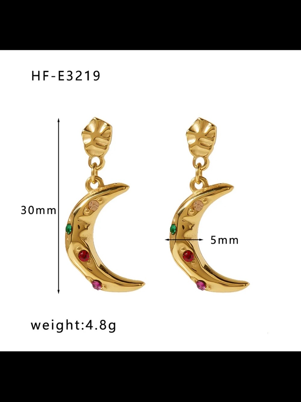 Gold Crescent Moon Drop Gemstone Earrings - Picture 2 of 6